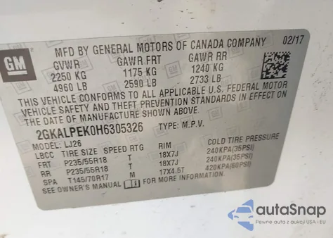 2017 GMC Terrain Slt z USA, uszkodzony, nr VIN 2GKALPEK0H6305326